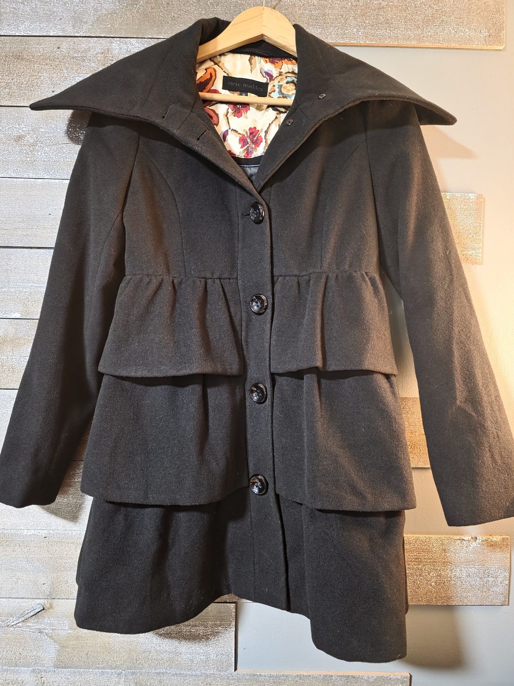 Steve Madden Black Tiered Peplum Trench Coat